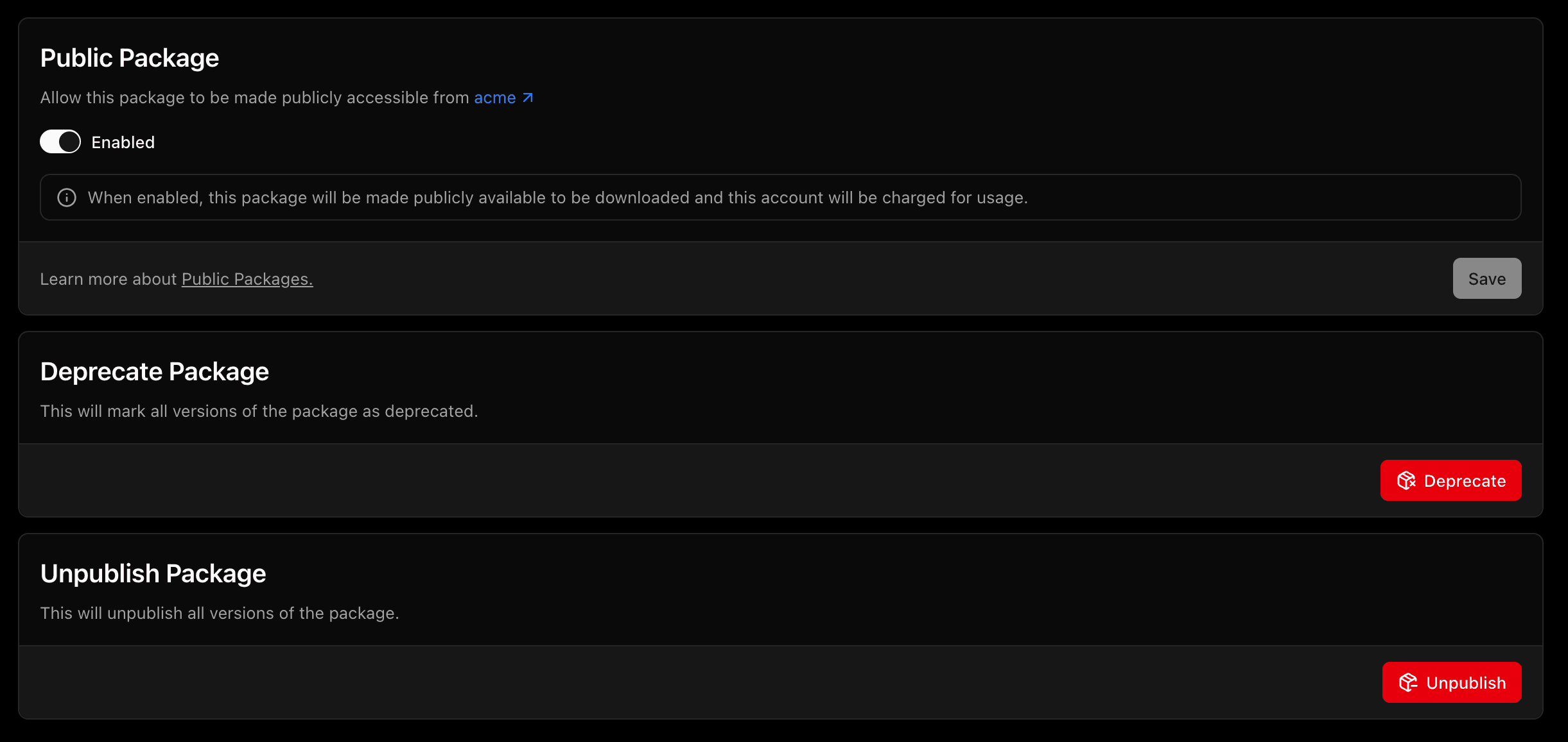 Package setting of the @acme/acme package