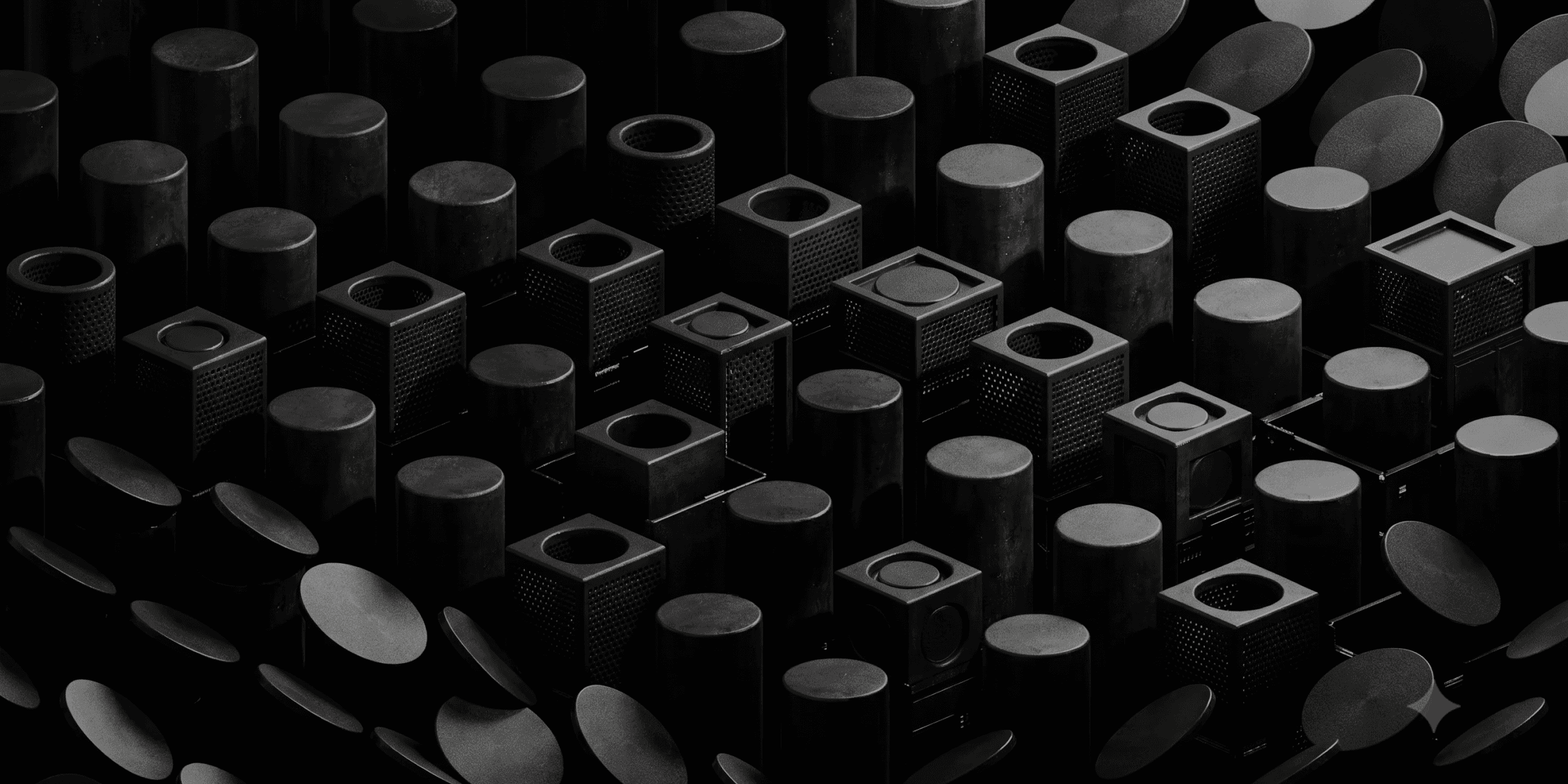 Abstract monochrome composition of densely arranged black cylinders, perforated cubes, and floating oval discs, lit dramatically against a dark background.